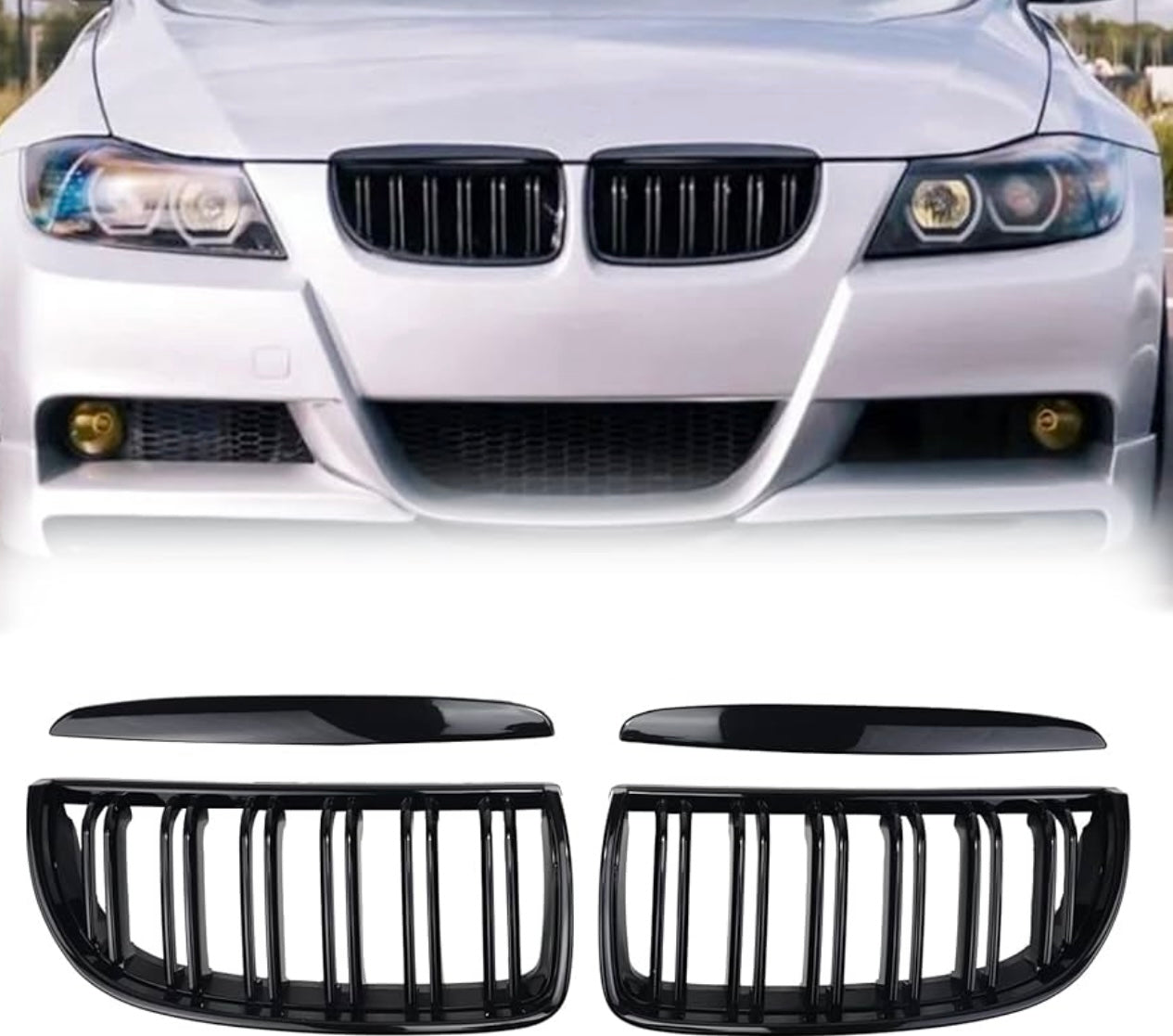 E90 Grille Kidney Grill Gloss Black Dual Slat Double Line 2006-2008